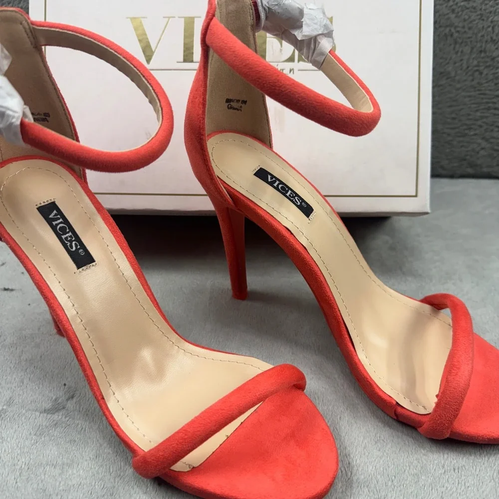 Vices Red Faux Suede Ankle Strap Stiletto‎ Sandals Heels 5074-23 Mens Size 36